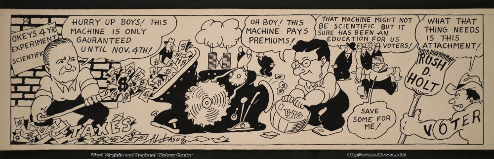 (Okeys 4 yr. experiment scientific) "Hurry up boys!  This machine is only guaranteed until Nov. 4th!" "Oh boy!  This machine pays premiums!" "That machine might not be scientific but it sure has been an education for us voters!" "What that thing needs is this attachment!" (Taxes) (Save some for me!) (Rush D. Holt) (Voter)