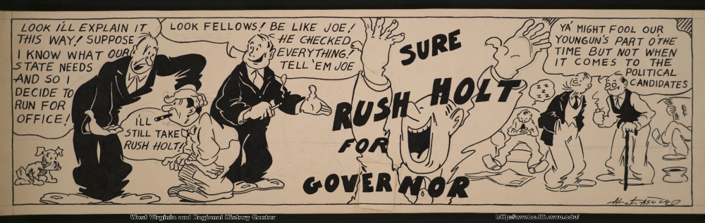 "Look I'll explain it this way!  Suppose I know what our state needs and so I decide to run for office!" "Look fellows!  Be like Joe!  He checked everything!  Tell 'em Joe." "Sure Rush Holt for Governor" "Ya' might fool our youngun's part o'the time but not when it comes to the political candidates." "I'll still take Rush Holt!"